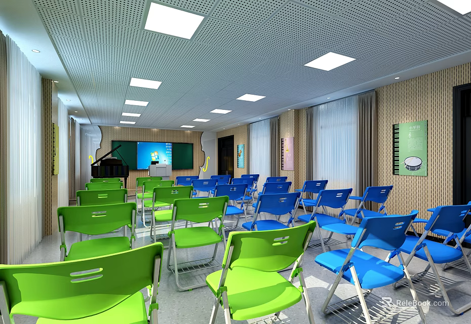 School Classroom Interior With Green And Blue Foldable Chairs Blackboard Projector Screen And Ceiling Lights 3d model 