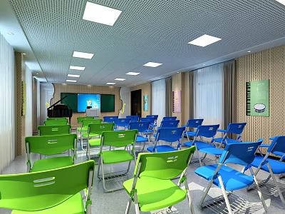 School Classroom Interior With Green And Blue Foldable Chairs Blackboard Projector Screen And Ceiling Lights 3d model