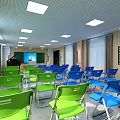 School Classroom Interior With Green And Blue Foldable Chairs Blackboard Projector Screen And Ceiling Lights