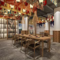 Japanese Restaurant Interior Featuring Lantern Decorations Wooden Tables Chairs And Wine Racks