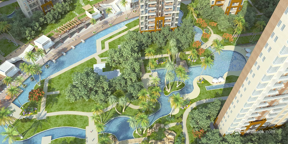 Lush Green Garden Landscape With Palm Trees Curved Pools Walkways And Surrounding Apartments 3d model 