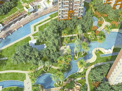 Lush Green Garden Landscape With Palm Trees Curved Pools Walkways And Surrounding Apartments 3d model