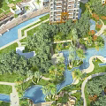 Lush Green Garden Landscape With Palm Trees Curved Pools Walkways And Surrounding Apartments
