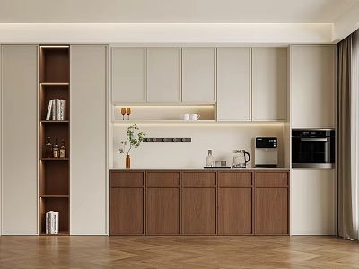 Modern Dining Room Sideboard With Light Dark Wood Open Shelves Appliances And Decor 3d model