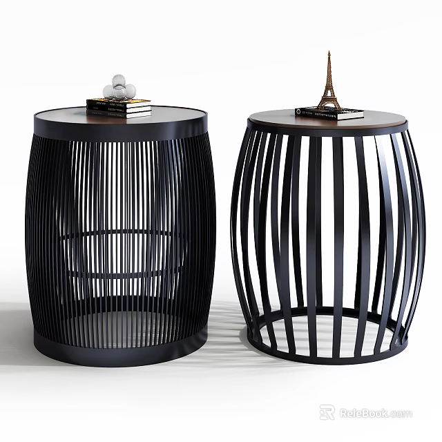 Stylish Black Round Side Tables with Slatted Design and Decorative Tabletop Items 3d model
