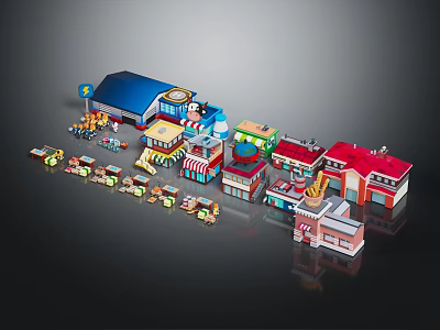 Colorful Miniature Building Blocks Architecture With Various Shops And Street Scenes 3d model