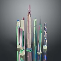 Colorful Modern Architectural Skyscrapers Featuring Glass Facades and Sleek Reflective Surfaces