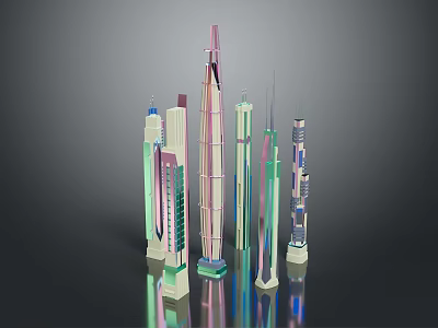 Colorful Modern Architectural Skyscrapers Featuring Glass Facades and Sleek Reflective Surfaces 3d model