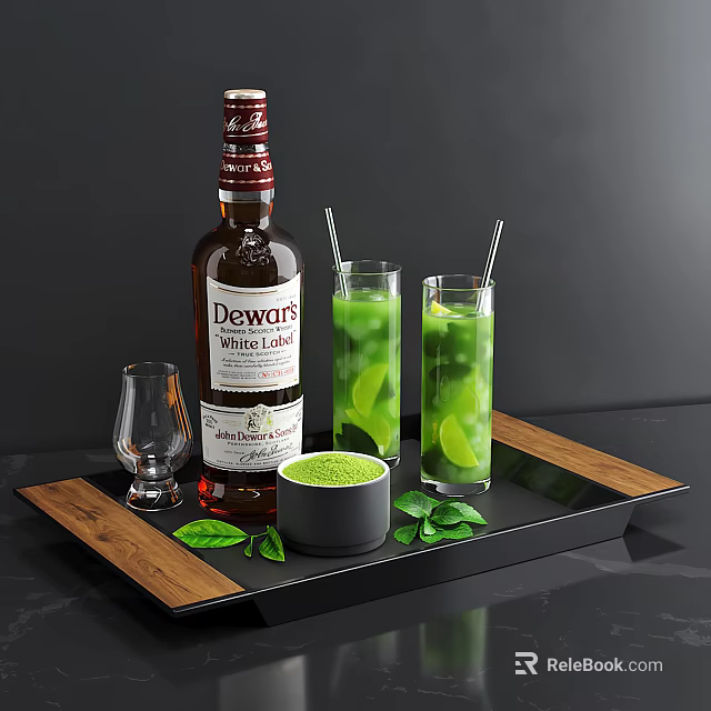 Green Drinks With Dewars Whisky And Fresh Mint Leaves 3d model 