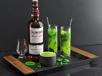 Green Drinks With Dewars Whisky And Fresh Mint Leaves 3d model