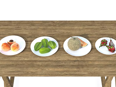 Various Fresh Fruits on White Plates Over Wooden Table With Peaches Star Fruits Cantaloupe Strawberries 3d model