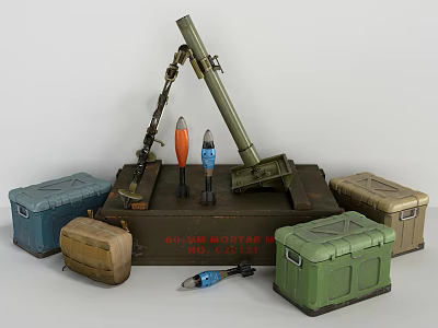 120 MM Mortar M2 Military Weapon Display With Ammunition Boxes And Shells 3d model