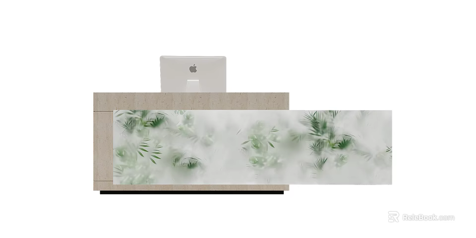 Modern Reception Desk With Light Colored Countertop And Apple iMac Green Leaf Pattern Panel 3d model
