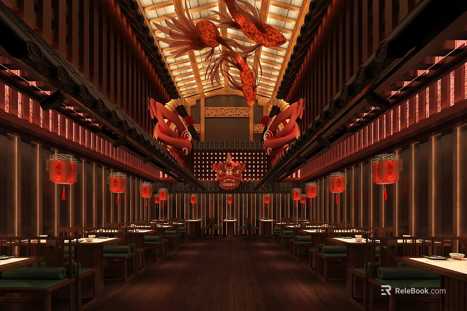 Traditional Chinese Hotpot Restaurant Interior With Wooden Decor Red Lanterns Dragon Ornaments And Dining Tables 3d model 