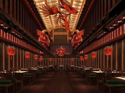 Traditional Chinese Hotpot Restaurant Interior With Wooden Decor Red Lanterns Dragon Ornaments And Dining Tables 3d model