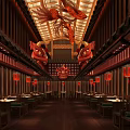 Traditional Chinese Hotpot Restaurant Interior With Wooden Decor Red Lanterns Dragon Ornaments And Dining Tables