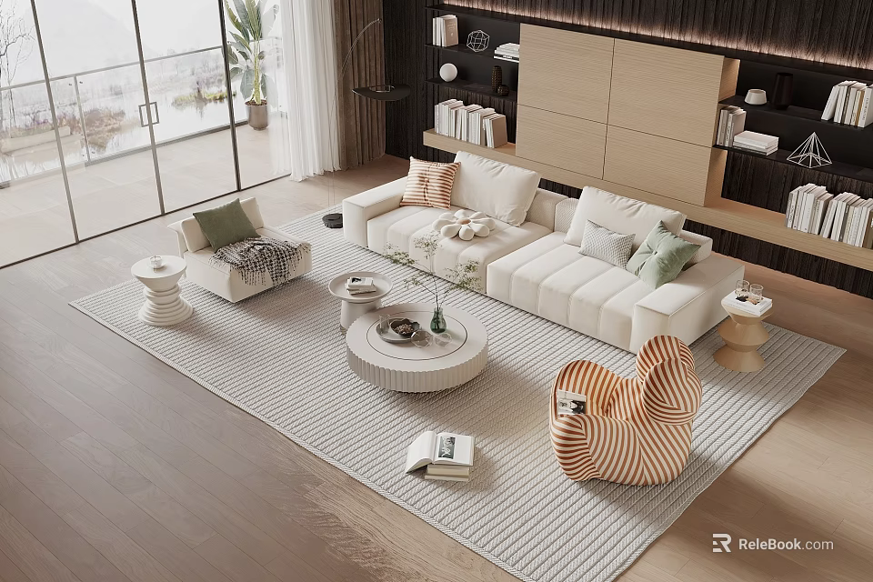 Modern Living Room Sofa Coffee Table Set With Natural Light Potted Plant And Bookshelf 3d model 