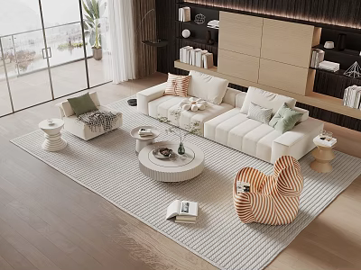 Modern Living Room Sofa Coffee Table Set With Natural Light Potted Plant And Bookshelf 3d model
