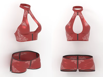 Stylish Red Crop Top Shorts Set with Cutout Design Halter Neck and White Patterns 3d model