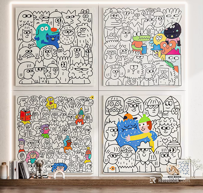Abstract Painting With Four Panels Featuring Cartoon Characters Various Expressions And Vibrant Colors 3d model 