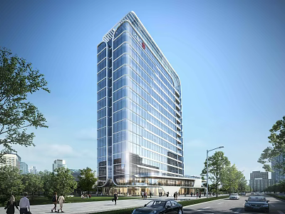 Modern High Rise Office Building With Glass Curtain Wall Surrounded By Urban Trees Street Pedestrians And Cars 3d model