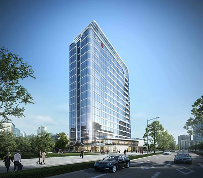 Modern High Rise Office Building With Glass Curtain Wall Surrounded By Urban Trees Street Pedestrians And Cars 3d model