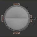 Industrial Cylindrical Equipment with White Top Cover Silver Metal Body Orange Ring on Support Stands