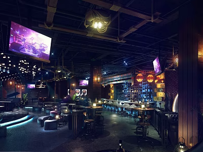 Modern Bar Interior With Neon Lighting Bar Counter High Stools And Screens 3d model