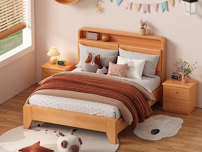 Wooden Double Bed With Headboard Shelf Pillows Blanket And Nightstand Decorations 3d model