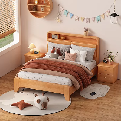 Wooden Double Bed With Headboard Shelf Pillows Blanket And Nightstand Decorations 3d model