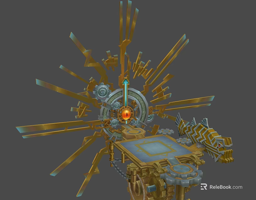 Cartoon Scene With Golden Mechanical Structure Glowing Orb Gears And Console Platform 3d model 