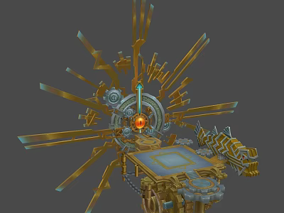 Cartoon Scene With Golden Mechanical Structure Glowing Orb Gears And Console Platform 3d model