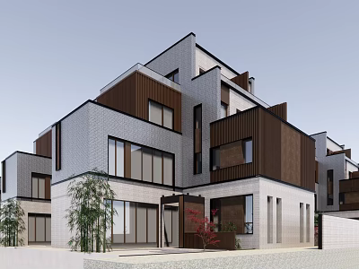 Modern Townhouse Exterior Design With Wooden Stone Facade Large Windows And Courtyard Green Plants 3d model