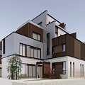 Modern Townhouse Exterior Design With Wooden Stone Facade Large Windows And Courtyard Green Plants