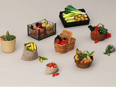 Fruit and vegetable combination bamboo basket vegetable basket fruit basket cabbage banana pepper pumpkin broccoli 3d model