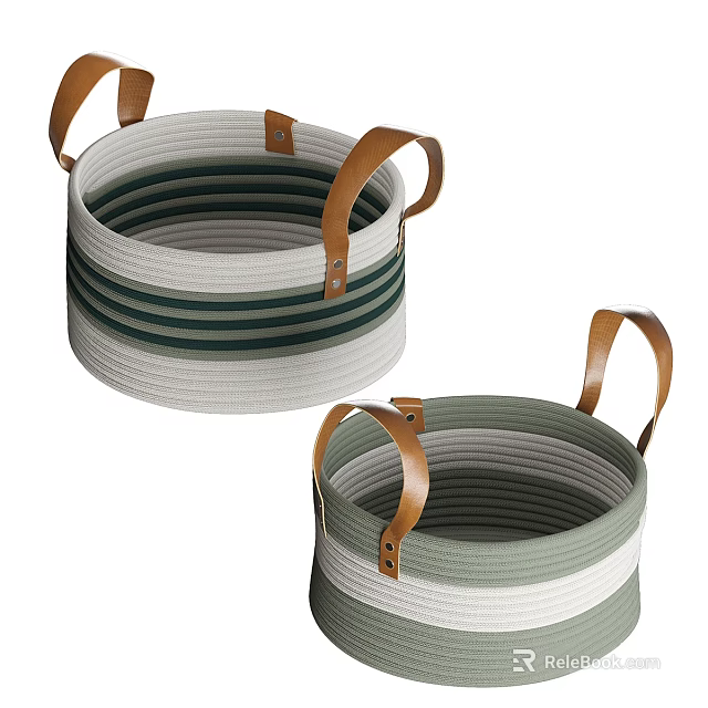 Woven Storage Baskets with Leather Handles Striped Green and White Design for Home Organization 3d model 