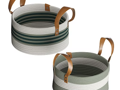 Woven Storage Baskets with Leather Handles Striped Green and White Design for Home Organization 3d model