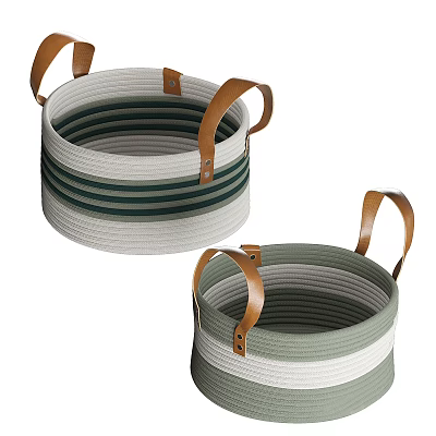 Woven Storage Baskets with Leather Handles Striped Green and White Design for Home Organization 3d model