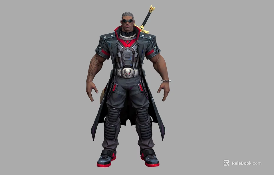 A Man Wearing Black And Red Tactical Gear With Sword On Back Standing Pose 3d model 