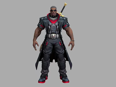 A Man Wearing Black And Red Tactical Gear With Sword On Back Standing Pose 3d model