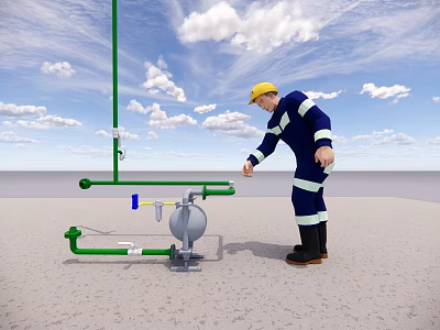 Worker Wearing Yellow Hard Hat Inspecting Green Pipes And Industrial Equipment 3d model