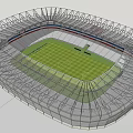 Large Modern Football Stadium With Metal Frame Structure Green Pitch And Seating Areas