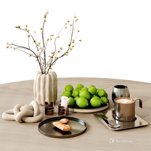 Stylish Decorative Ornament Combination With Vase Flowering Branches Limes Coffee Cup Cookies And Metal Containers 3d model 