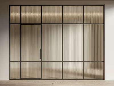 Modern Interior Glass Door With Vertical Stripes And Black Metal Frame 3d model