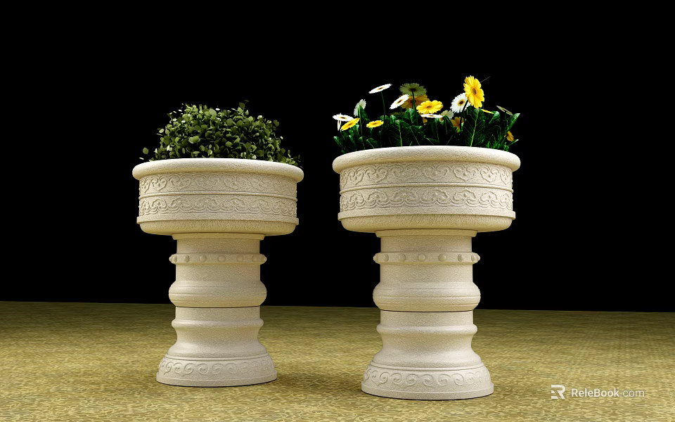 Roadside Stone Flower Planters With Intricate Carvings Holding Greenery And Yellow Blooms 3d model 
