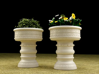 Roadside Stone Flower Planters With Intricate Carvings Holding Greenery And Yellow Blooms 3d model