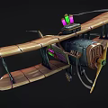 Cartoon Fighter Jet With Wooden Wings Green Engine Purple Pink Lights Flying With Speed Lines