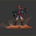 Red Haired Game Character In Blue And Red Outfit With Weapon Orange Aura And Red Gems
