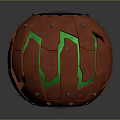 Spherical Red Weapon With Green Glowing Sections And Metallic Texture Featuring Rivets And Tactical Features