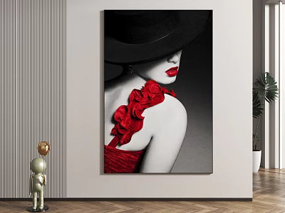 Elegant Black Hat Portrait Featuring Red Lips and Shoulder Decoration Interior Wall Art 3d model